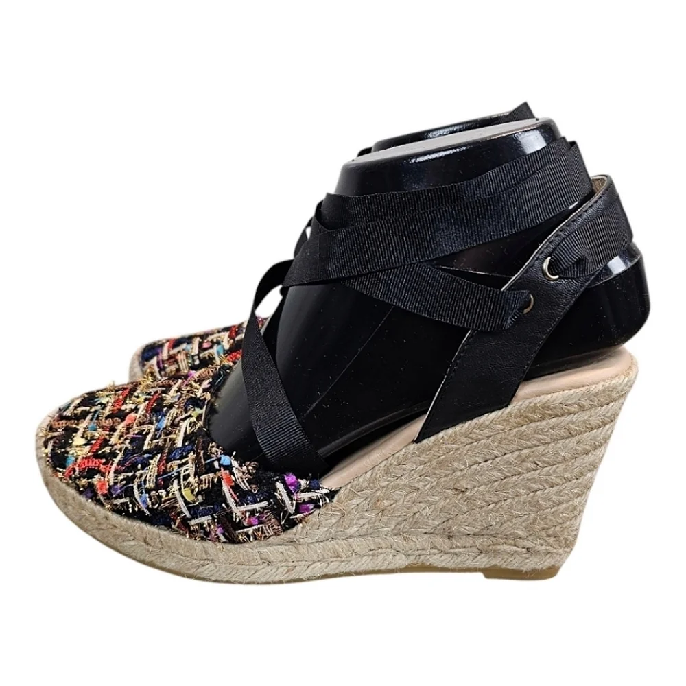 NEW! L.K. Bennett Tianna Black Tweed Espadrille Wedges Sz 37 7 Ankle Tie Preppy